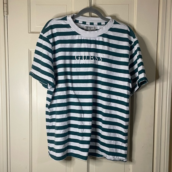 GUESS Shirt Mens Size L Green White Striped Los Angeles Originals Graphic Print - Picture 9 of 11